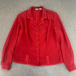 Vintage Laura Scott Red button Down Blouse Long Sleeve Silky‎ Shoulder Pads 14
